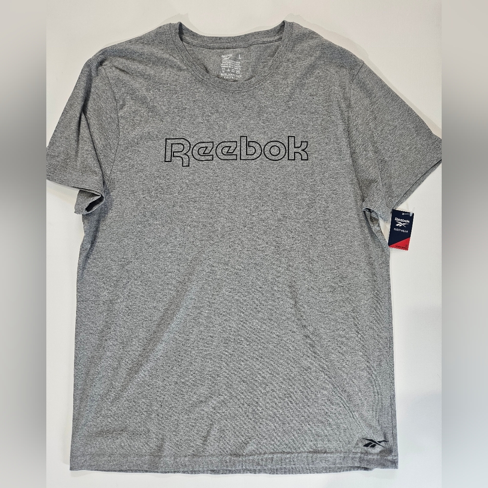 Reebok T-Shirt Mens Large Grey‎ Black Logo Sleepwear Casual Athleisure Lo…